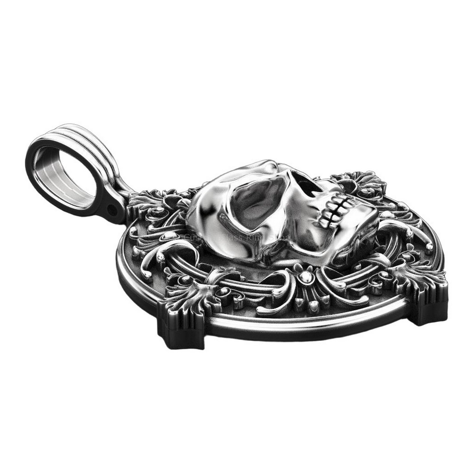 Sterling silver skull ornament pendant, side profile angled view showing depth