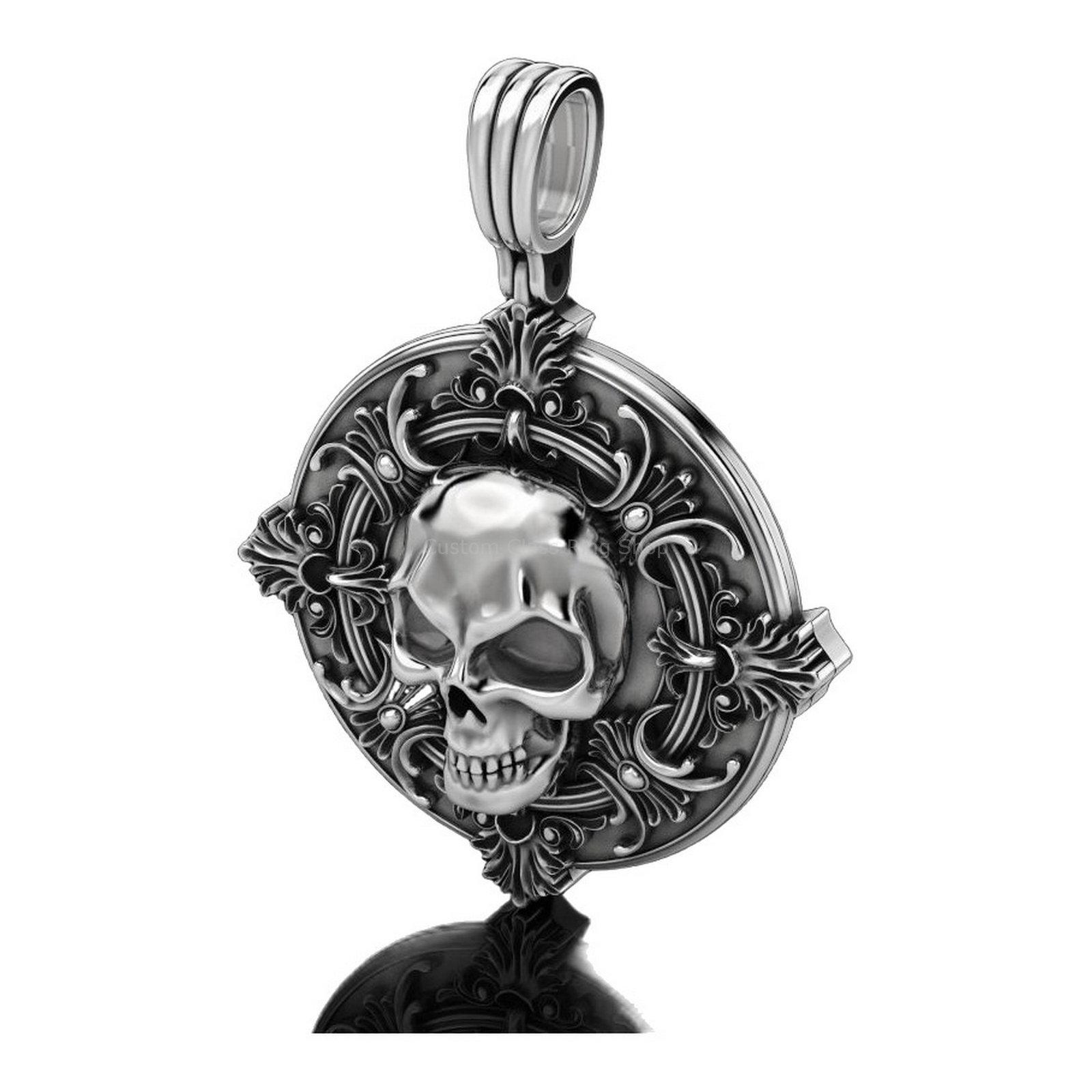 Sterling silver skull ornament pendant, side profile view showing skull in profile
