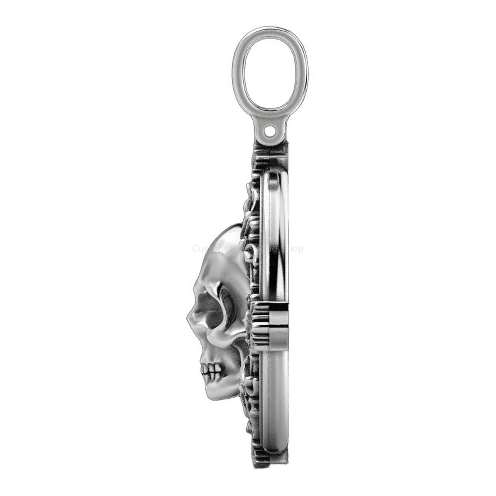 Sterling silver skull ornament pendant, front head-on view with decorative border
