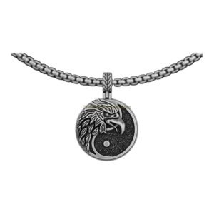 Oxidized sterling silver eagle yin yang pendant with box chain necklace