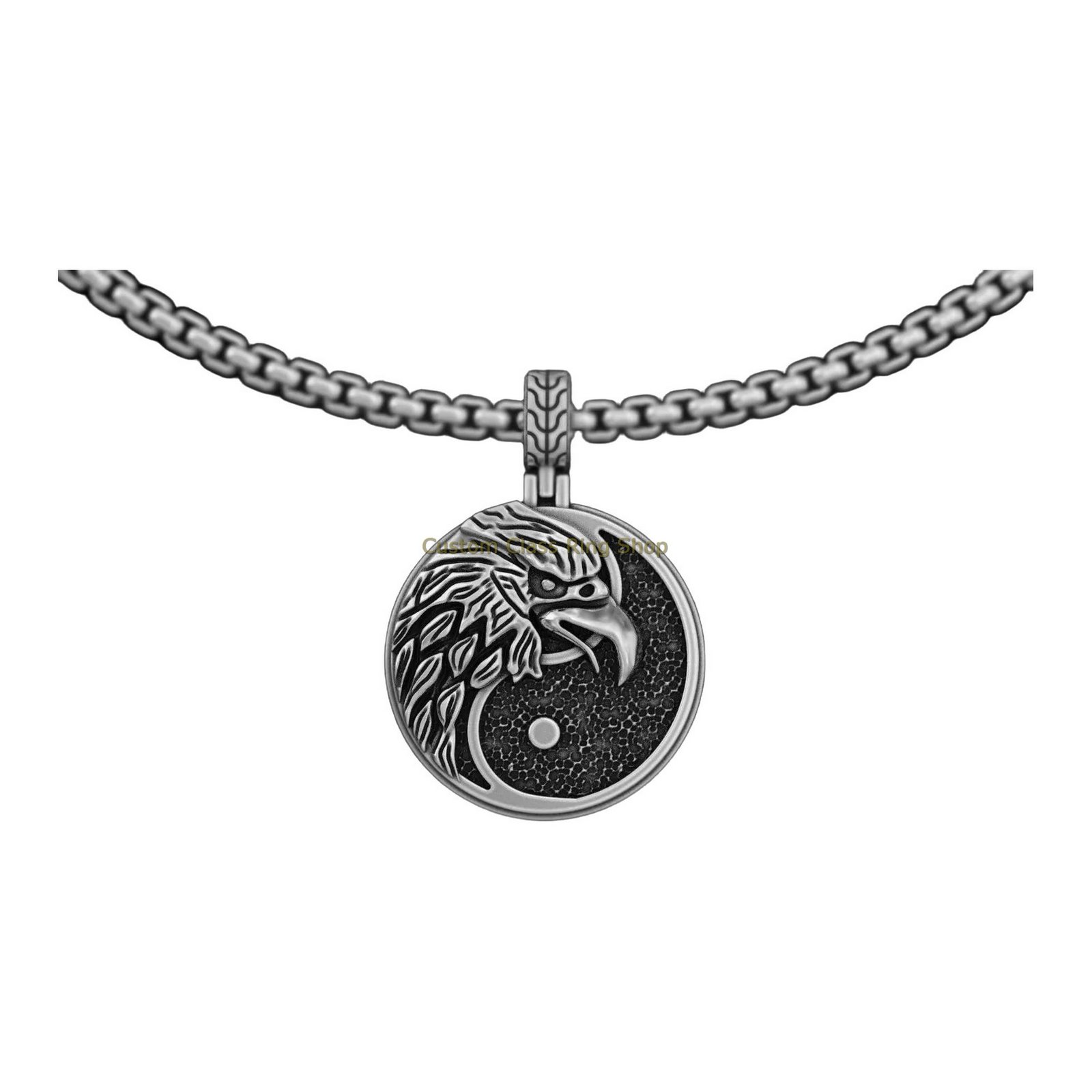 Oxidized sterling silver eagle yin yang pendant with box chain necklace