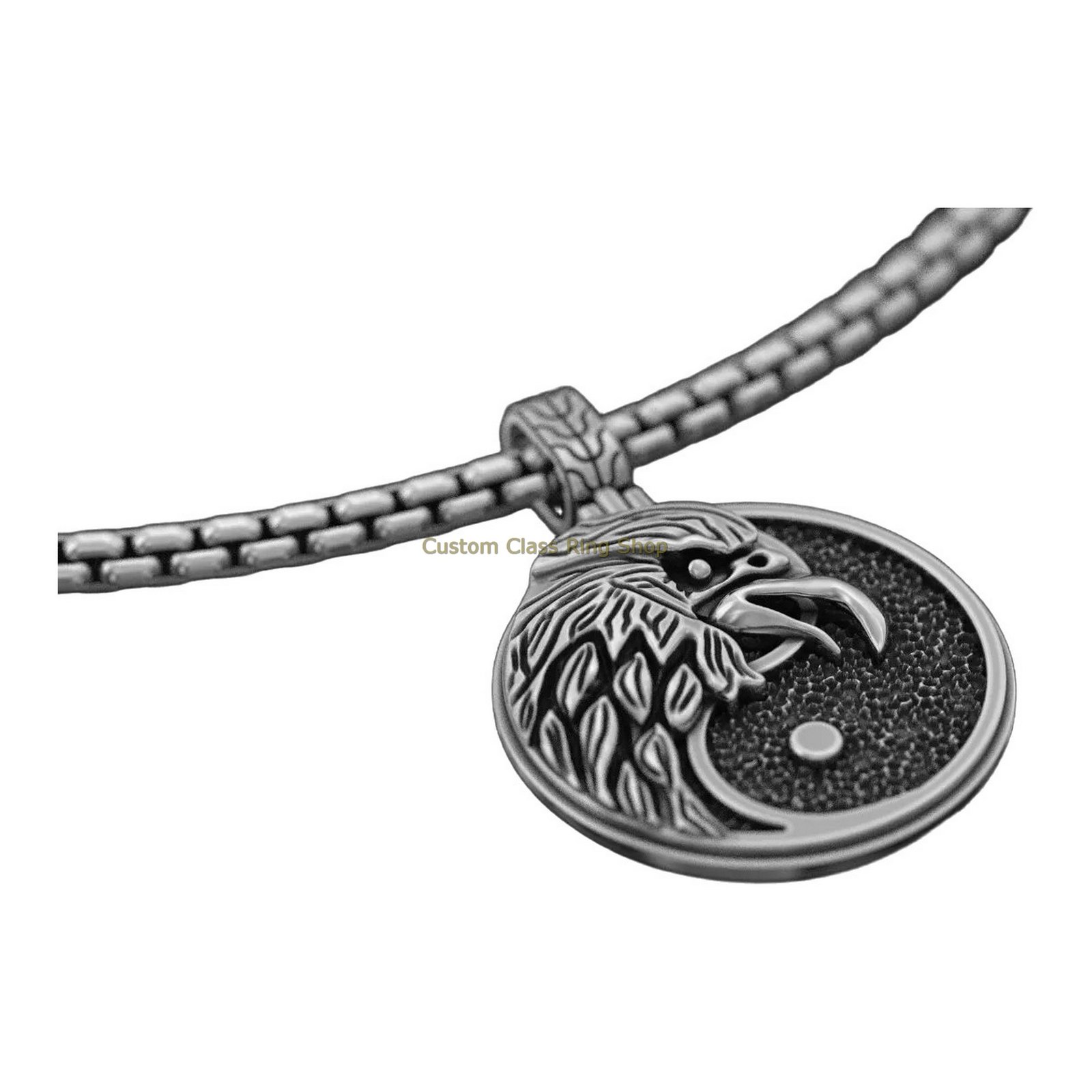 Sterling silver eagle yin yang pendant, pendant hanging detail view