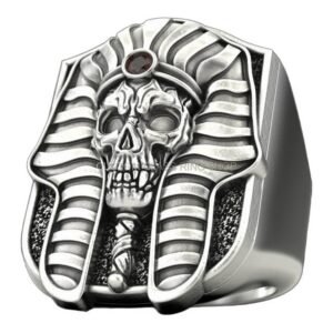 Mens sterling silver pharaoh skull ring with striped headdress and stone crown