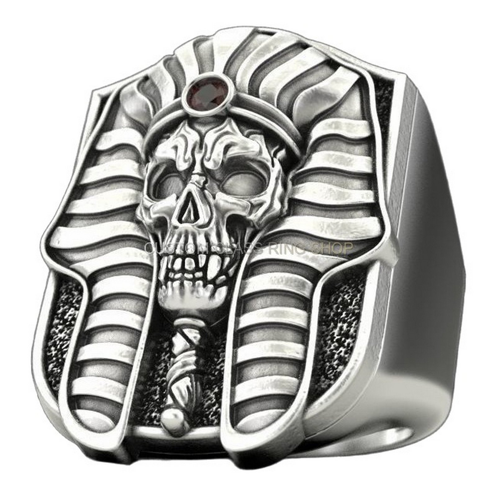 Mens sterling silver pharaoh skull ring with striped headdress and stone crown