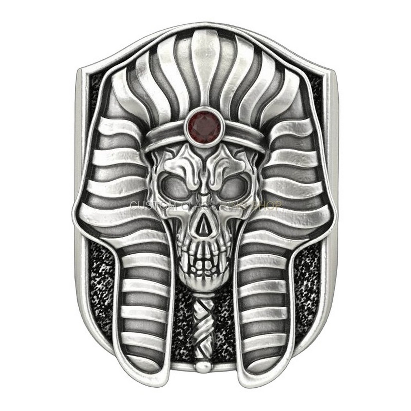 Mens sterling silver pharaoh skull ring, angled three-quarter face detail