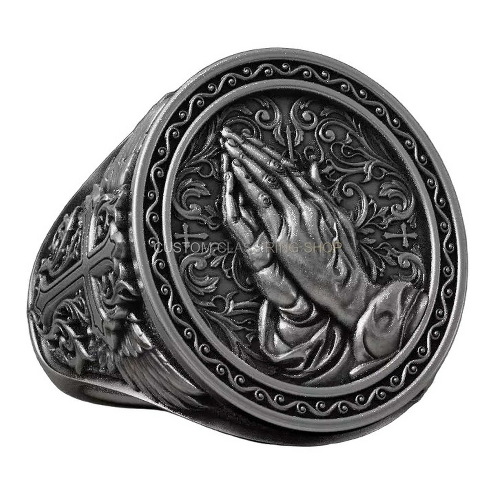 Sterling silver praying hands signet ring, angled three-quarter front view