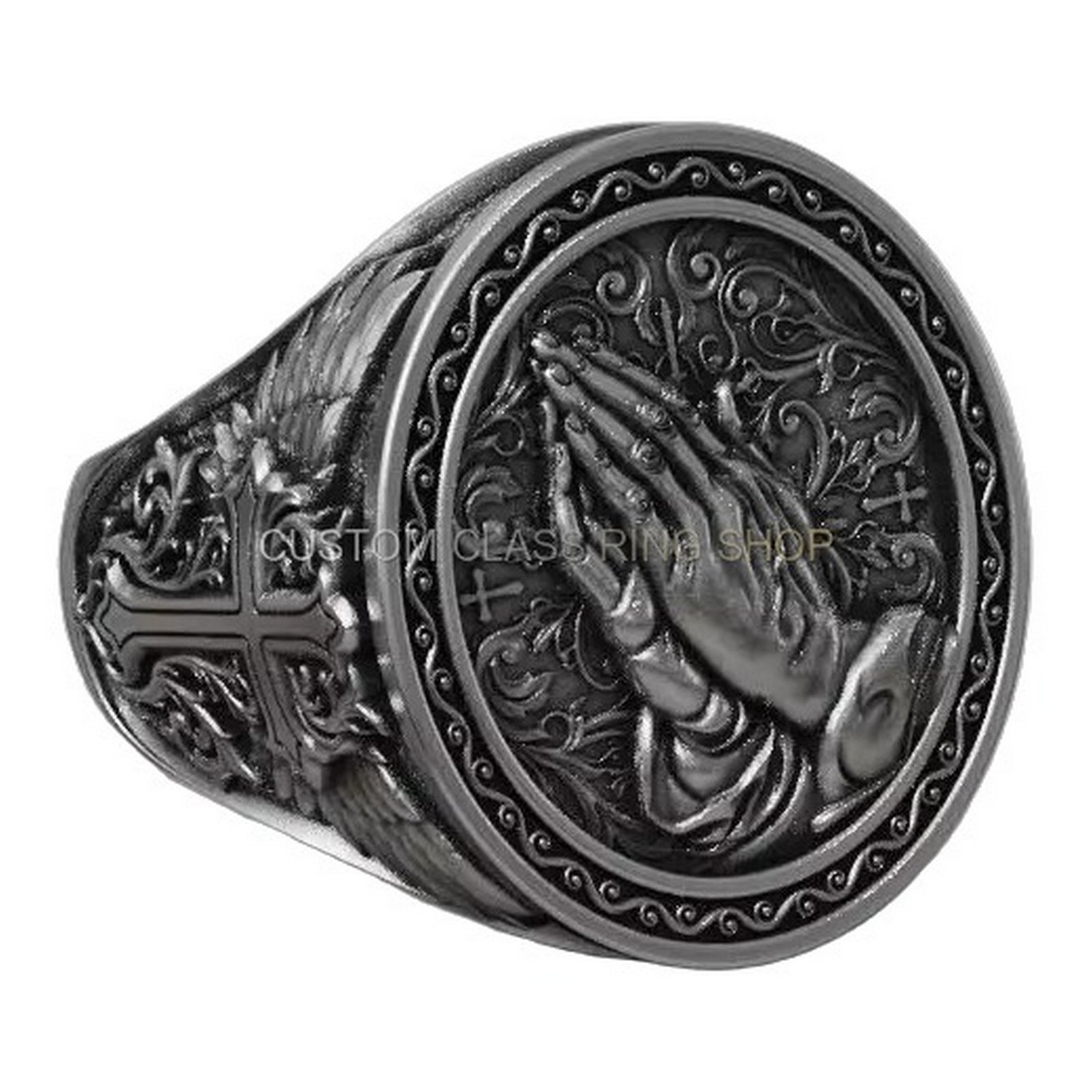 Sterling silver praying hands signet ring, side profile showing band detail