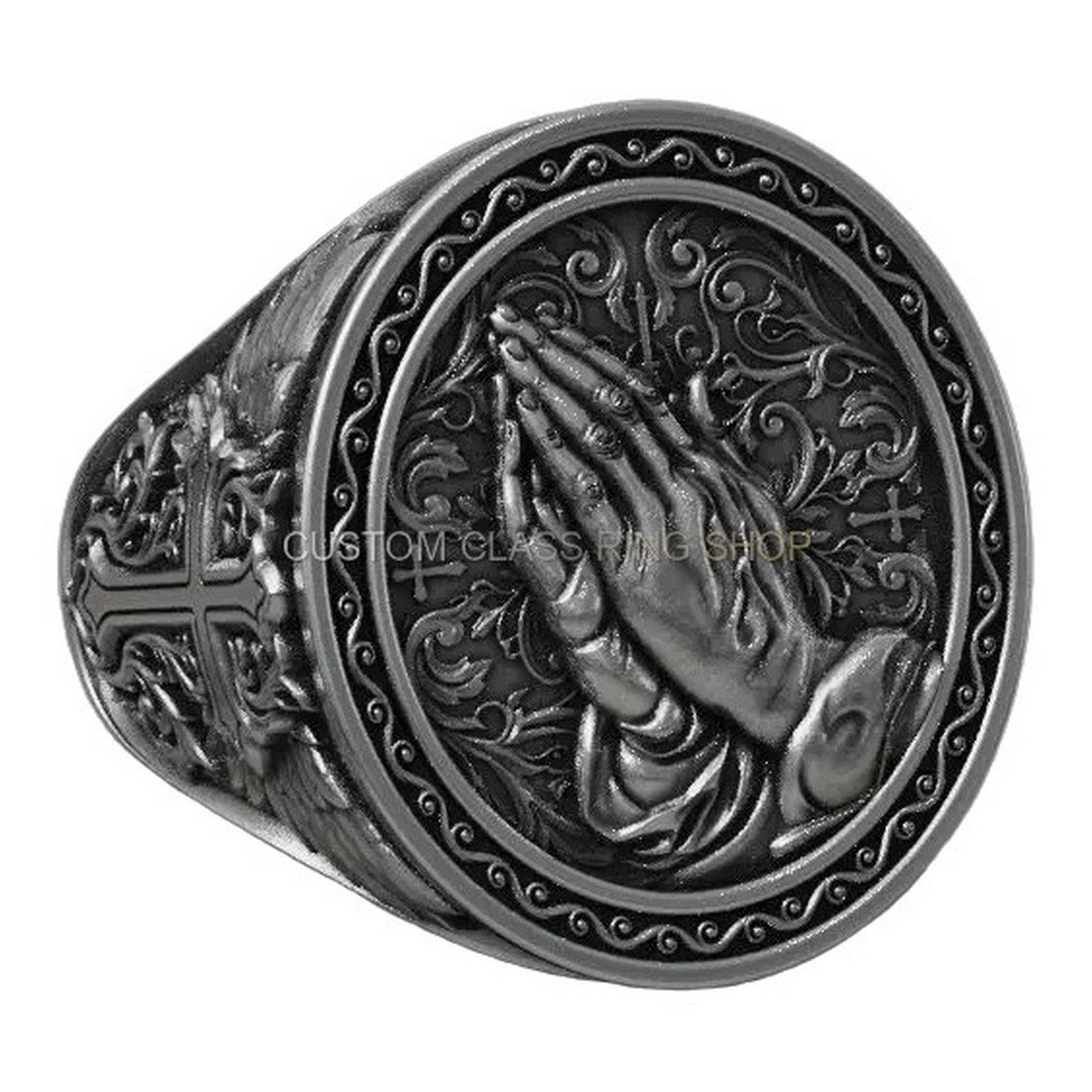 Sterling silver praying hands signet ring, angled side showing shoulders
