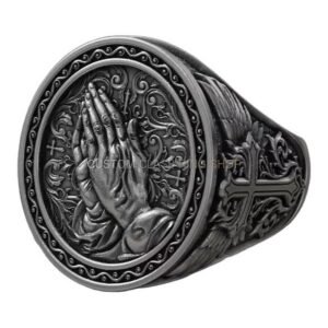 Sterling silver praying hands signet ring with cross ornamental details