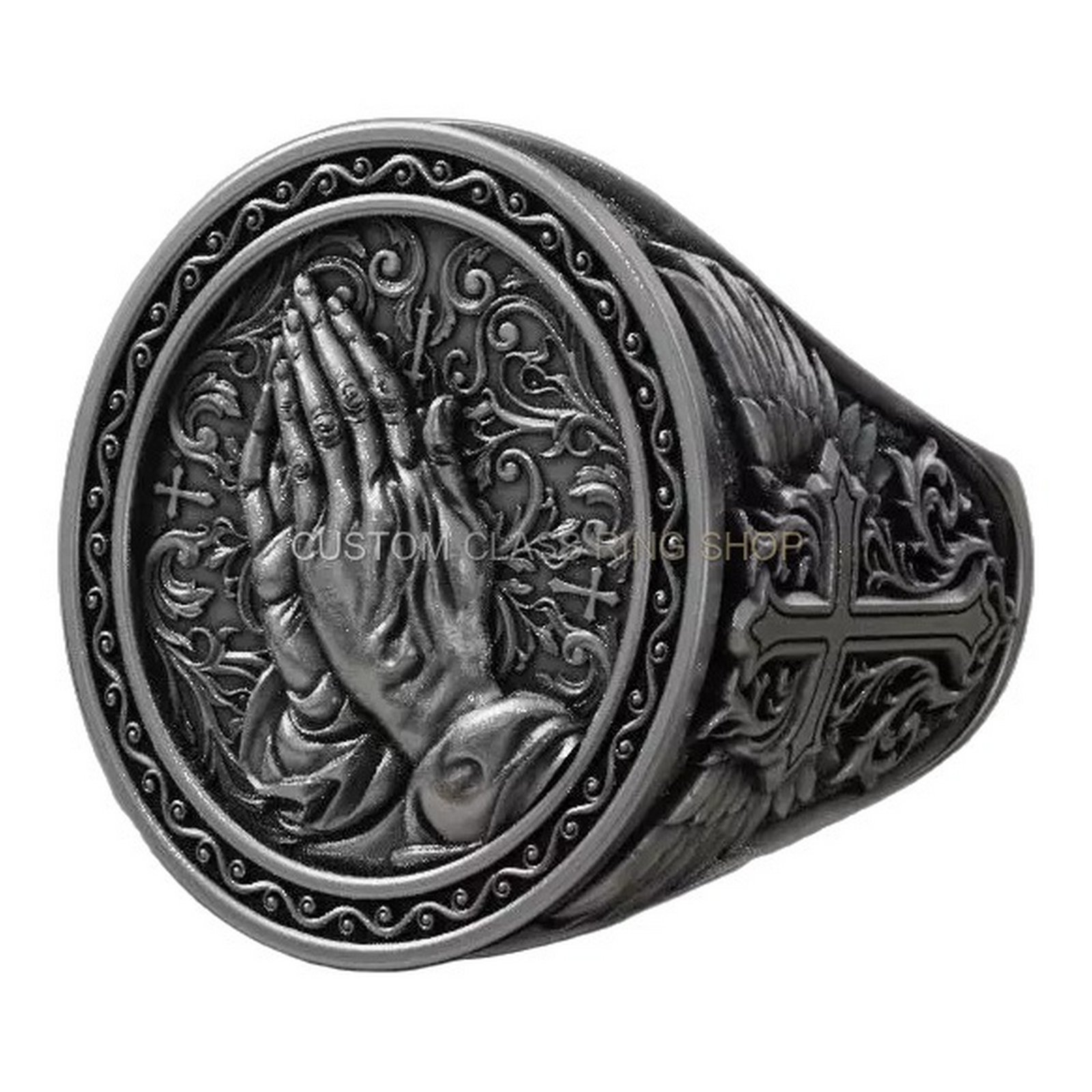 Sterling silver praying hands signet ring with cross ornamental details