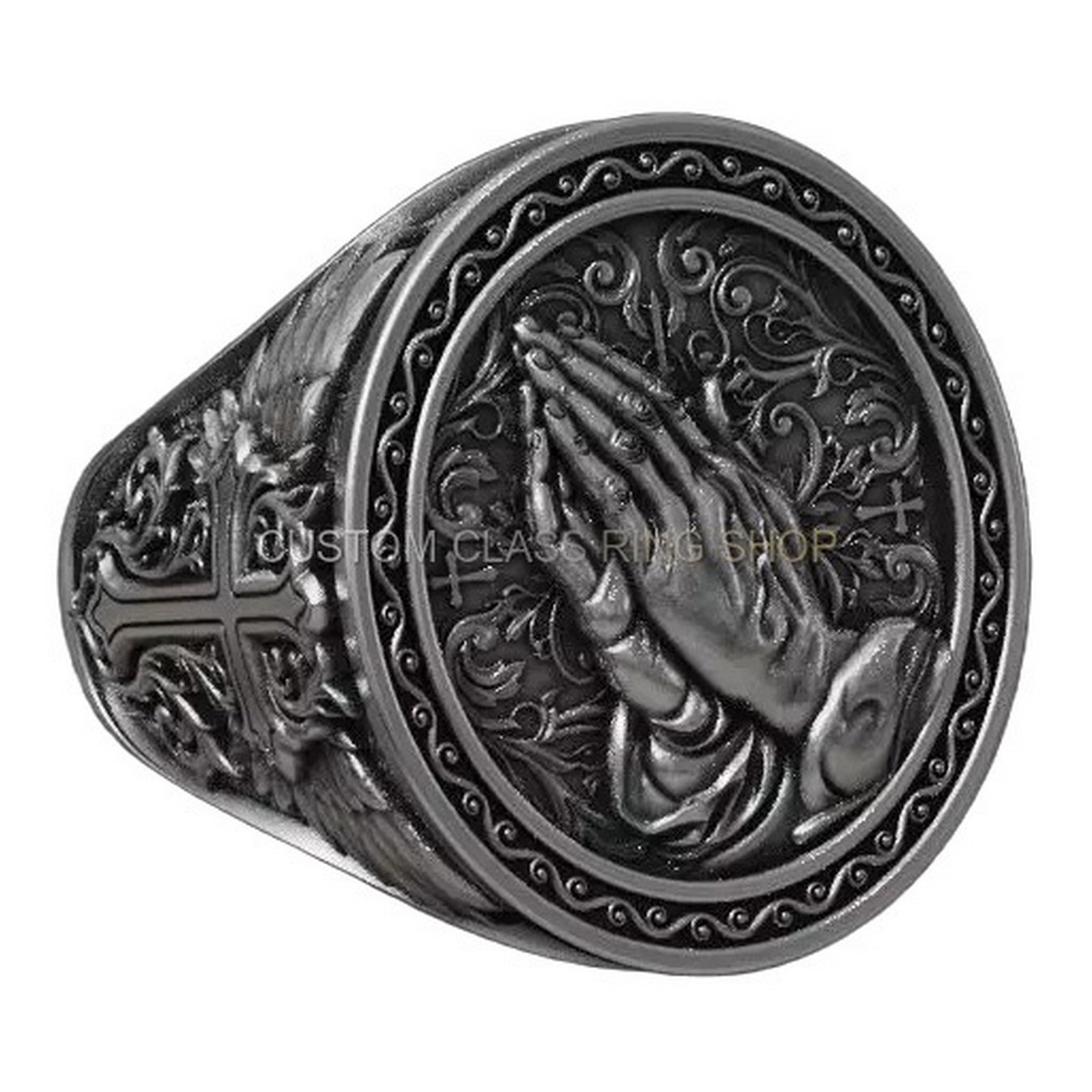 Sterling silver praying hands signet ring, angled three-quarter back view
