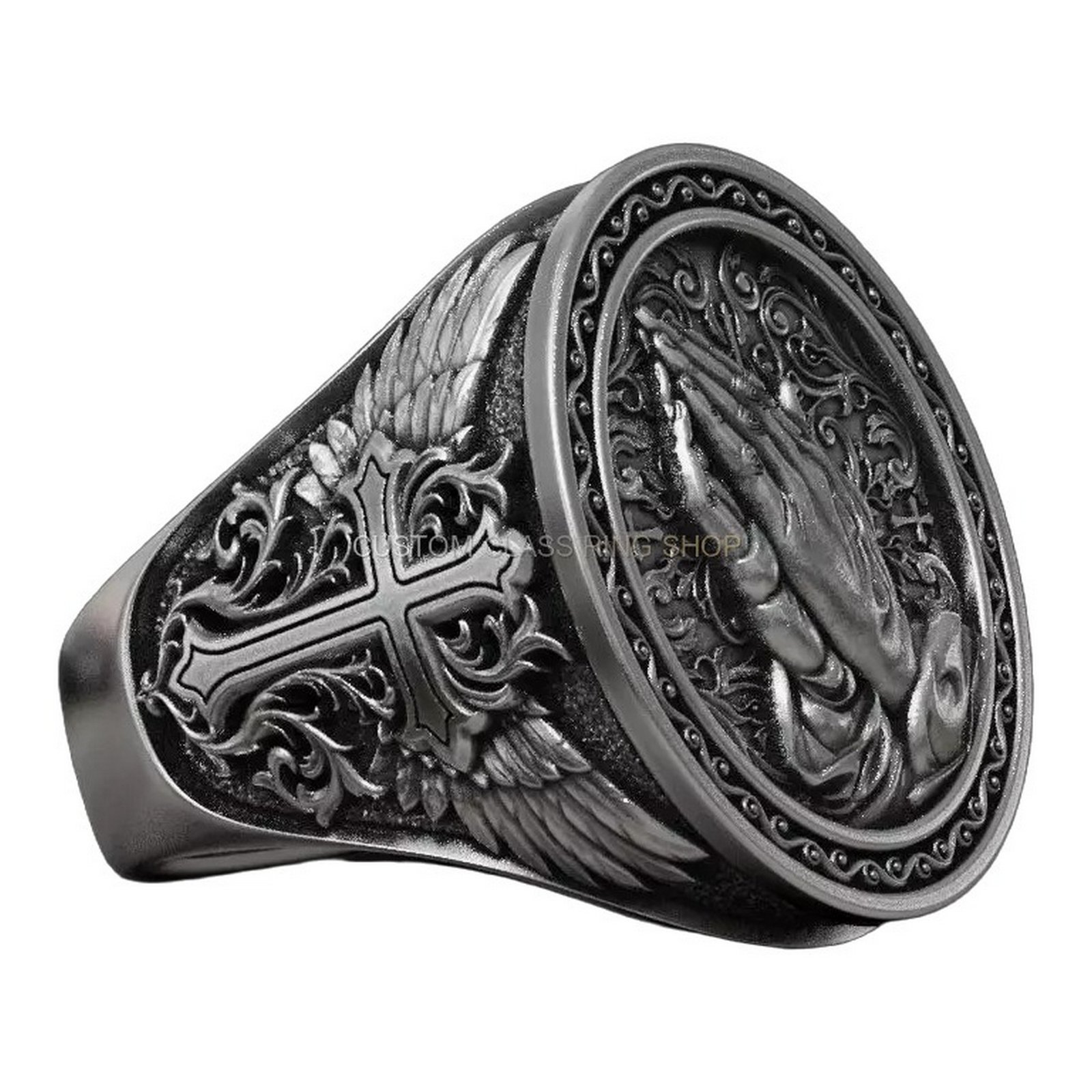 Sterling silver praying hands signet ring, full side profile with band decoration
