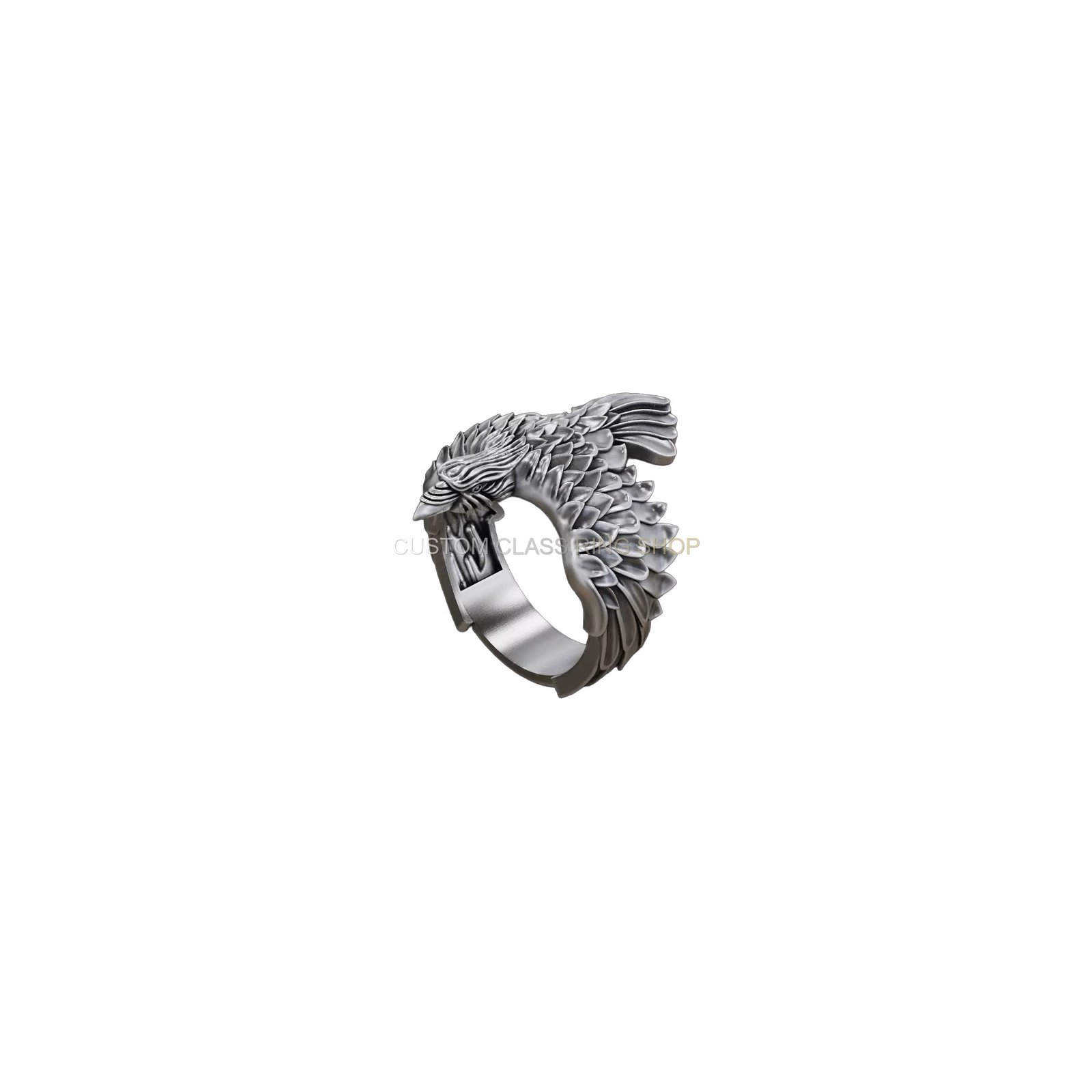 Sterling silver raven wings feather ring, angled three-quarter profile view