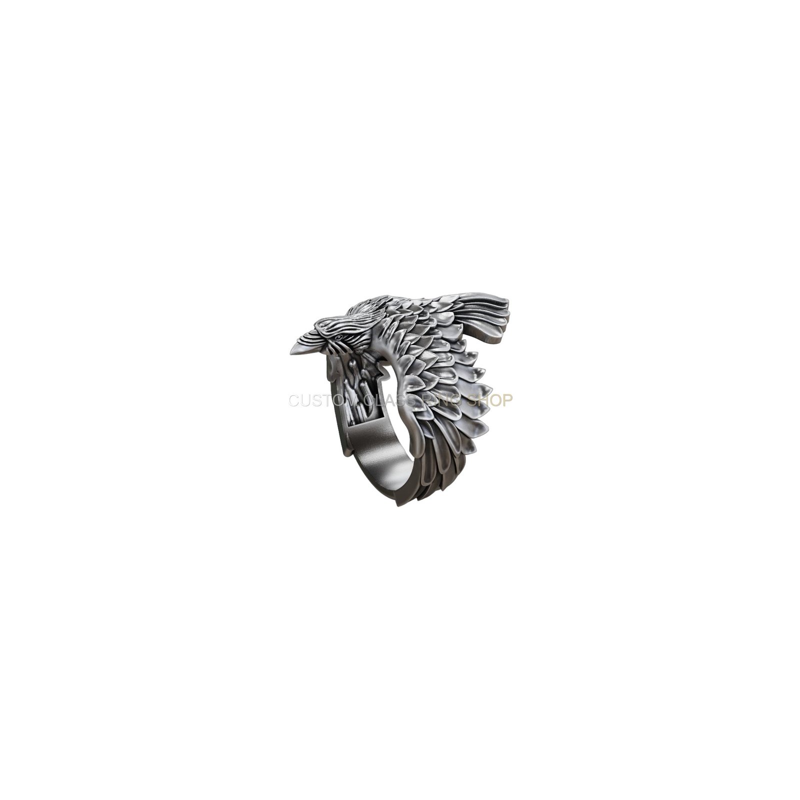 Sterling silver raven wings feather ring, left side detail view
