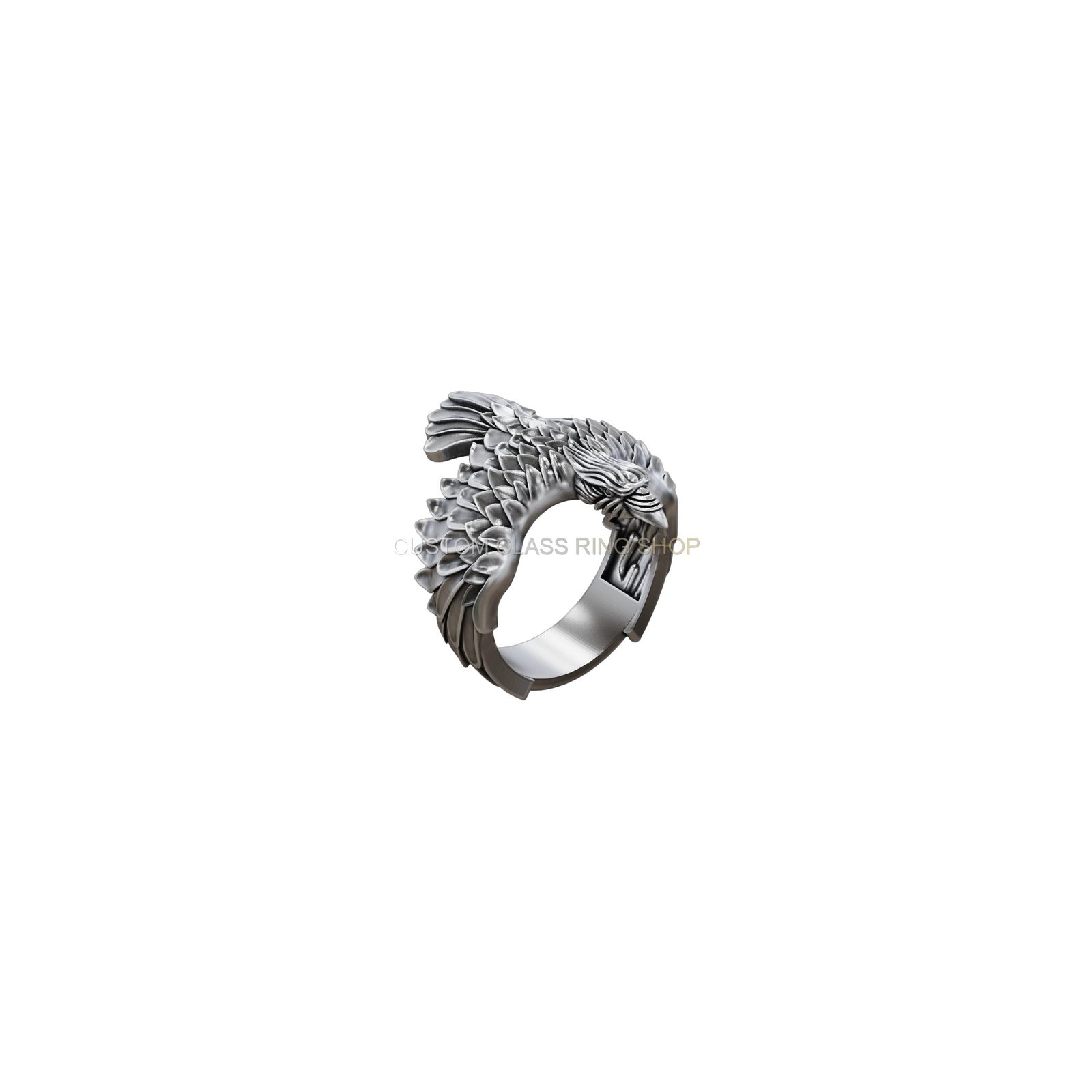 Sterling silver raven wings feather ring, upper angled perspective