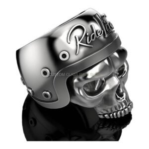 Sterling silver skull motorcycle helmet ring with studded band