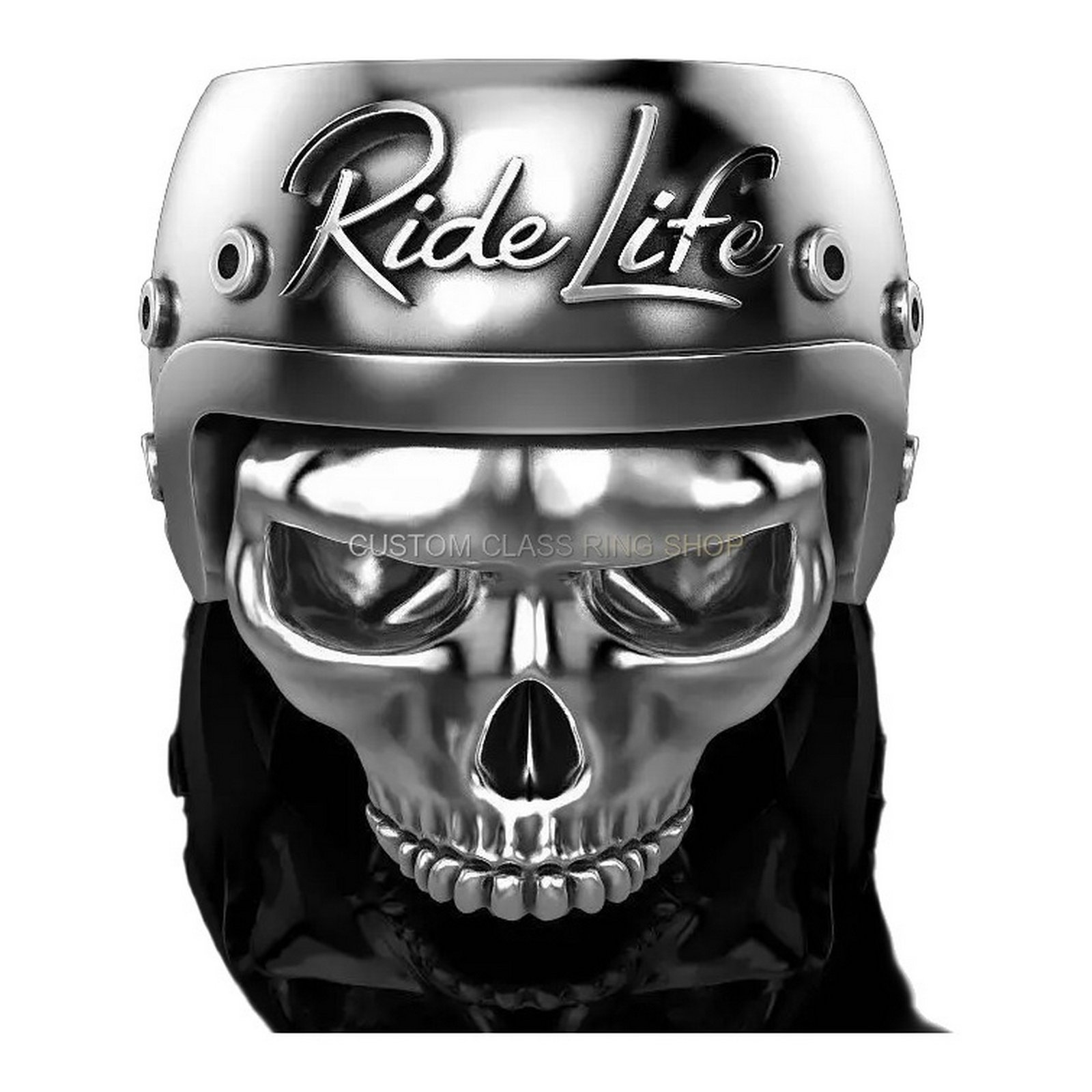 Sterling silver skull motorcycle helmet ring, front head-on view