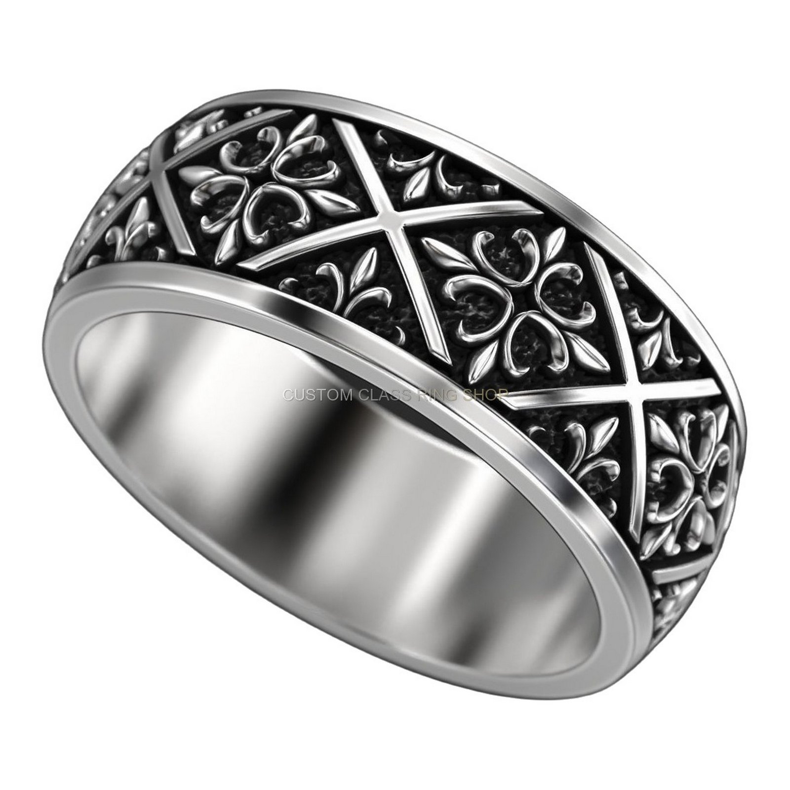 Sterling silver filigree cross ring, angled three-quarter view