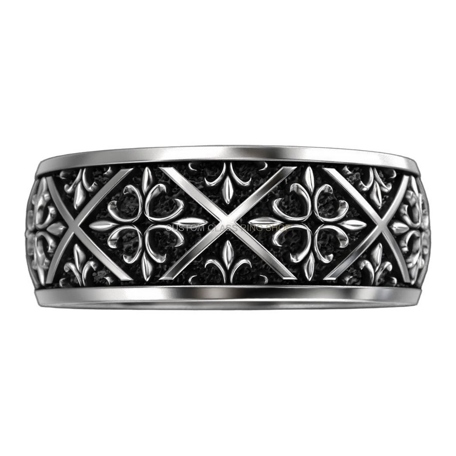 Sterling silver filigree cross ring, top-down band view