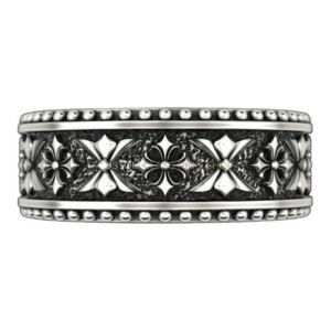 Sterling silver floral filigree band ring with four-leaf cross and beaded border