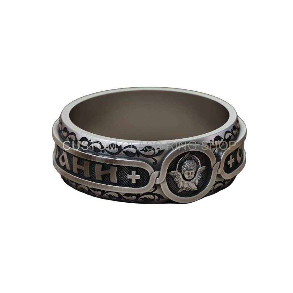 Mens orthodox cherub sterling silver ring with beaded border