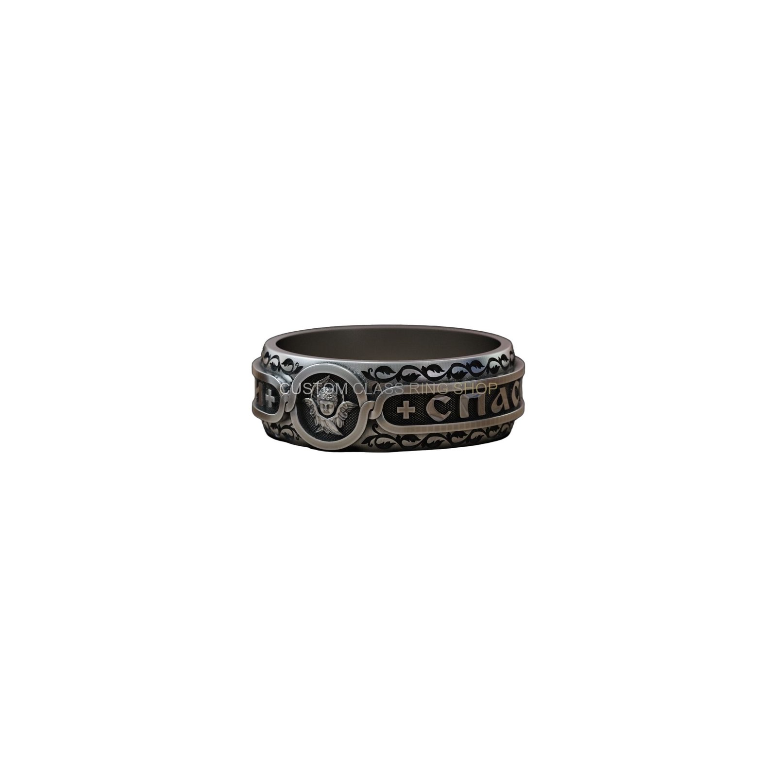 Mens orthodox cherub sterling silver ring with beaded border