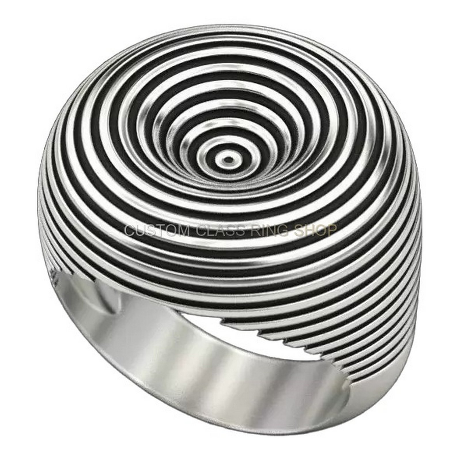 Sterling silver concentric circles statement ring, angled side perspective view