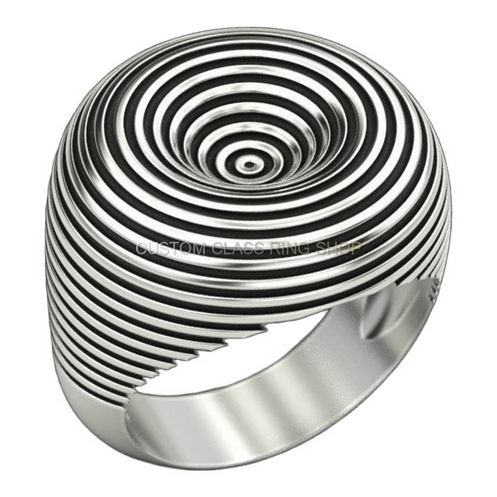 Sterling silver concentric circles statement ring, three-quarter profile angled view