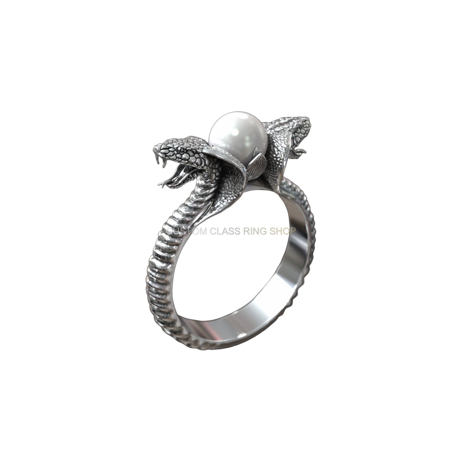 Sterling silver cobra snake pearl ring with twin serpents and pearl