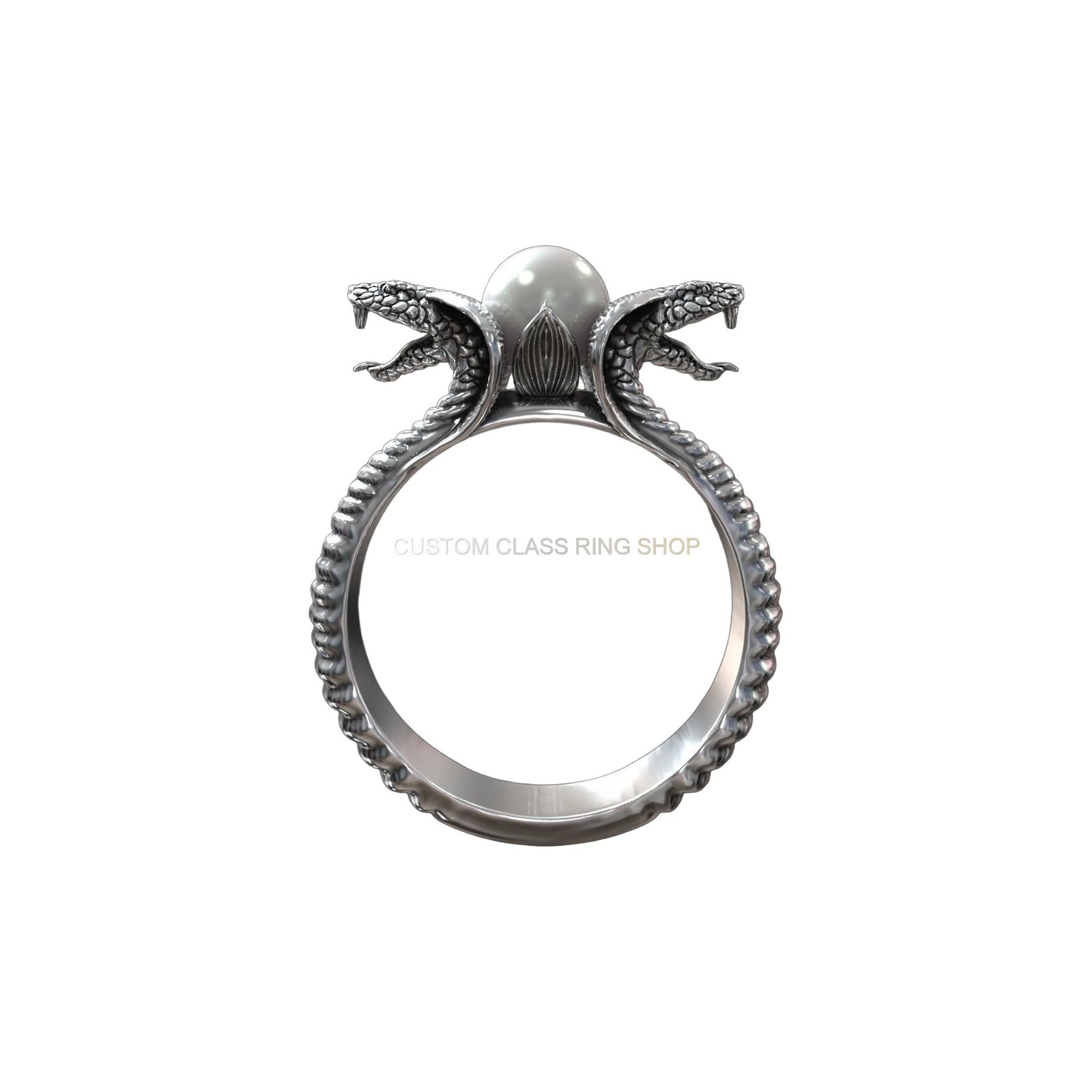 Sterling silver cobra snake pearl ring, top-down overhead view