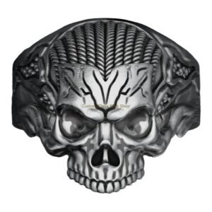 Oxidized 925 sterling silver skull biker ring with braided crown and feather band details