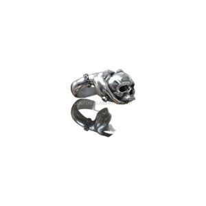 Sterling silver hands holding skull ring, oxidized finish, front view