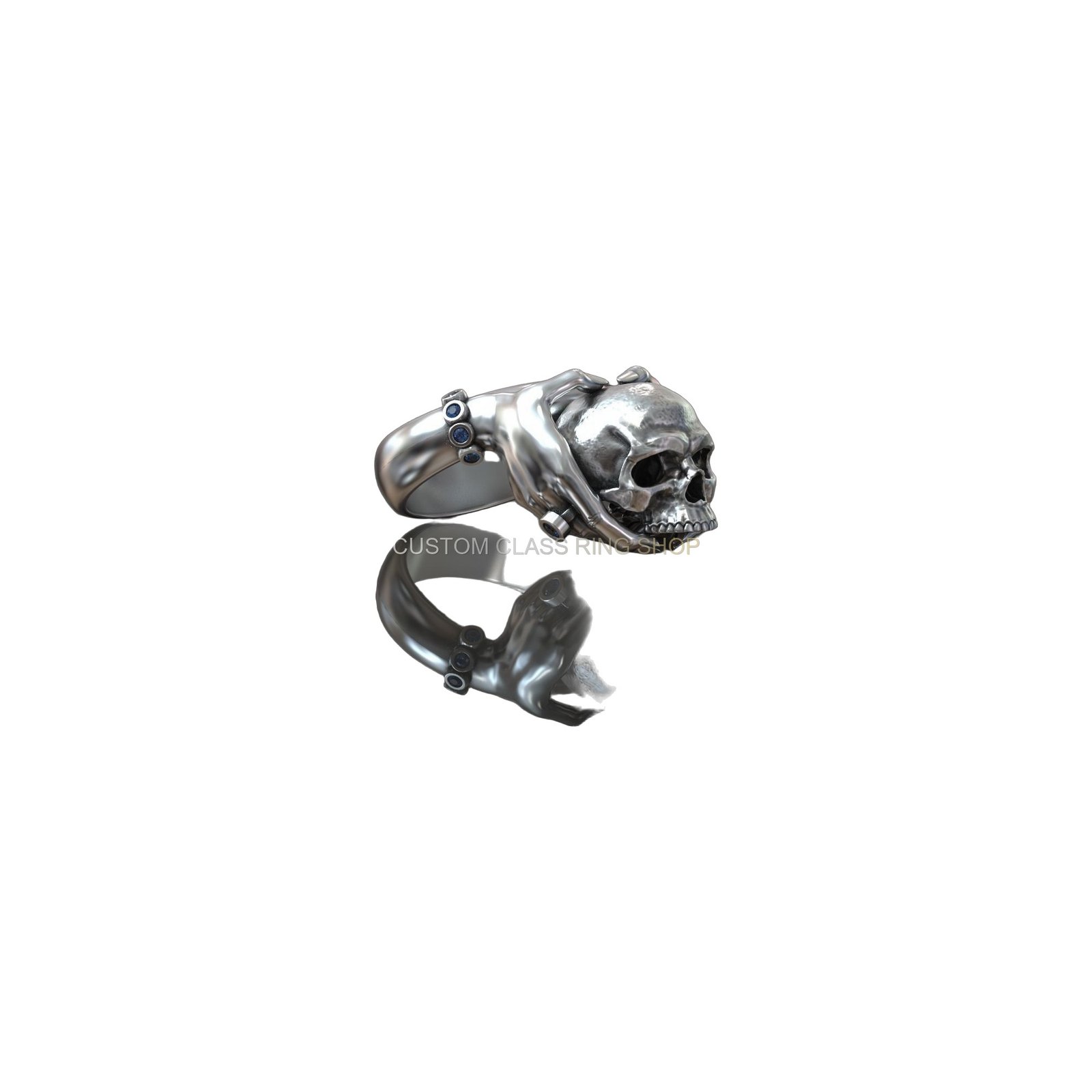 Sterling silver hands holding skull ring, oxidized finish, front view