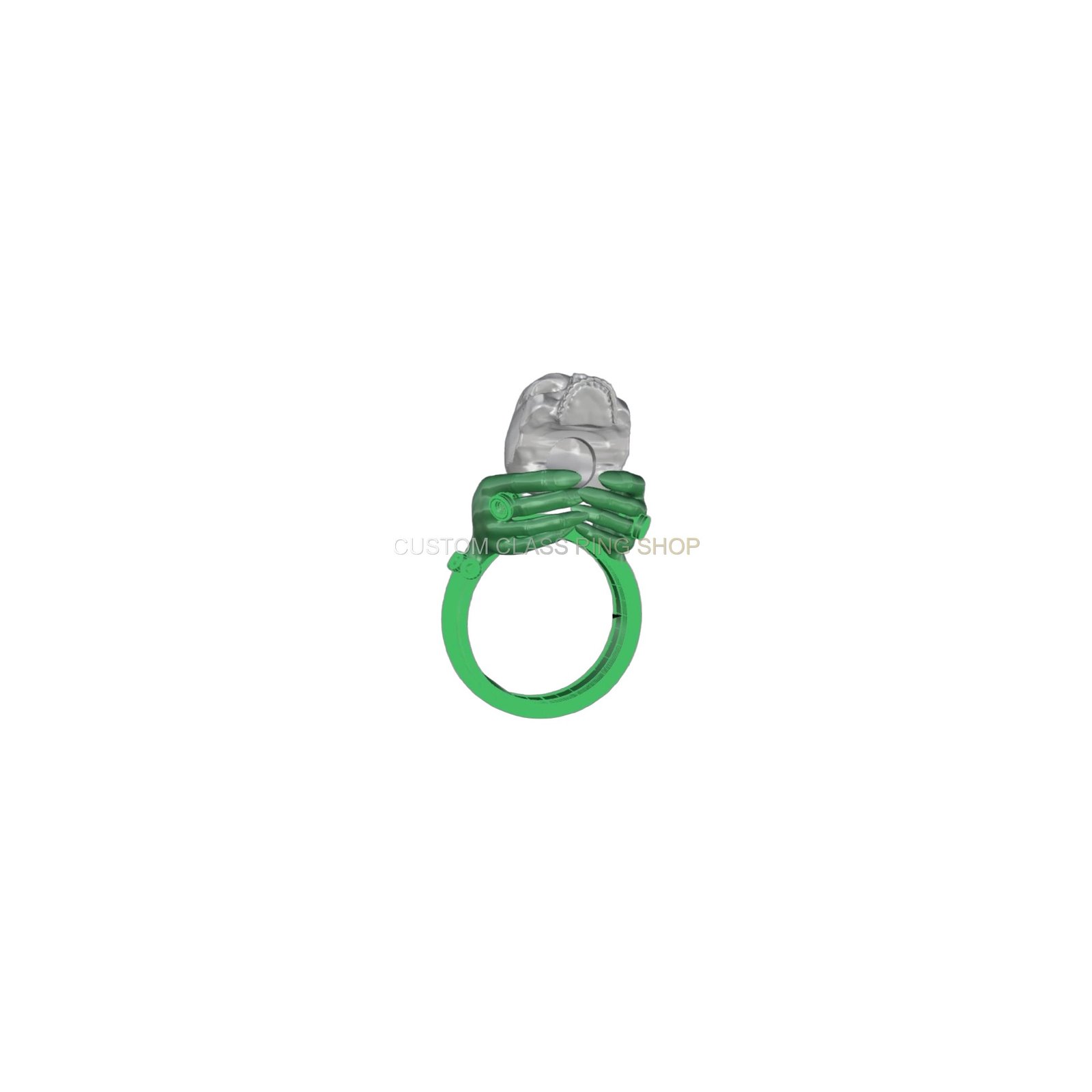 Sterling silver hands holding skull ring, Top-down profile view