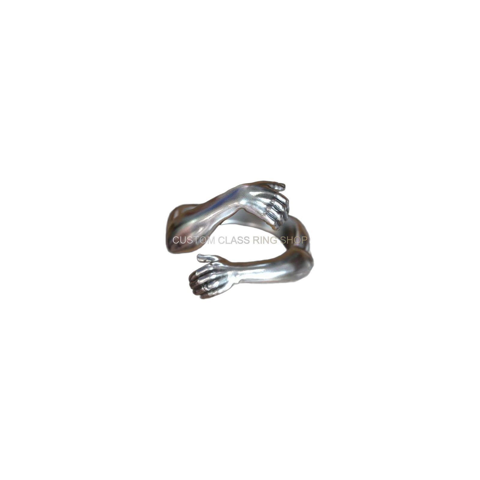 Sterling silver hugging hands ring, left side profile angle