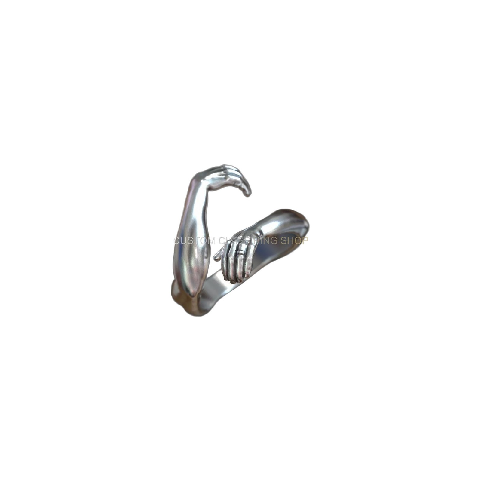 Sterling silver hugging hands ring, right side three-quarter view