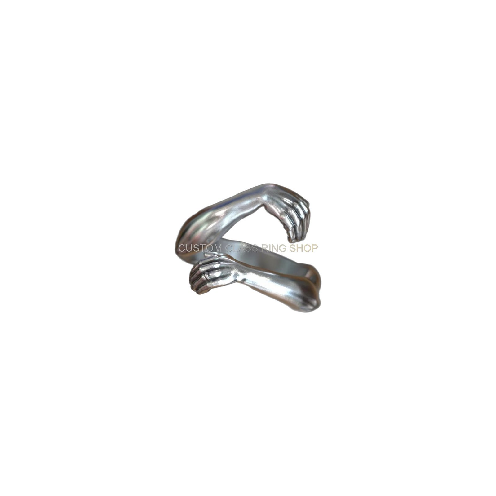 Sterling silver hugging hands ring, top angled perspective