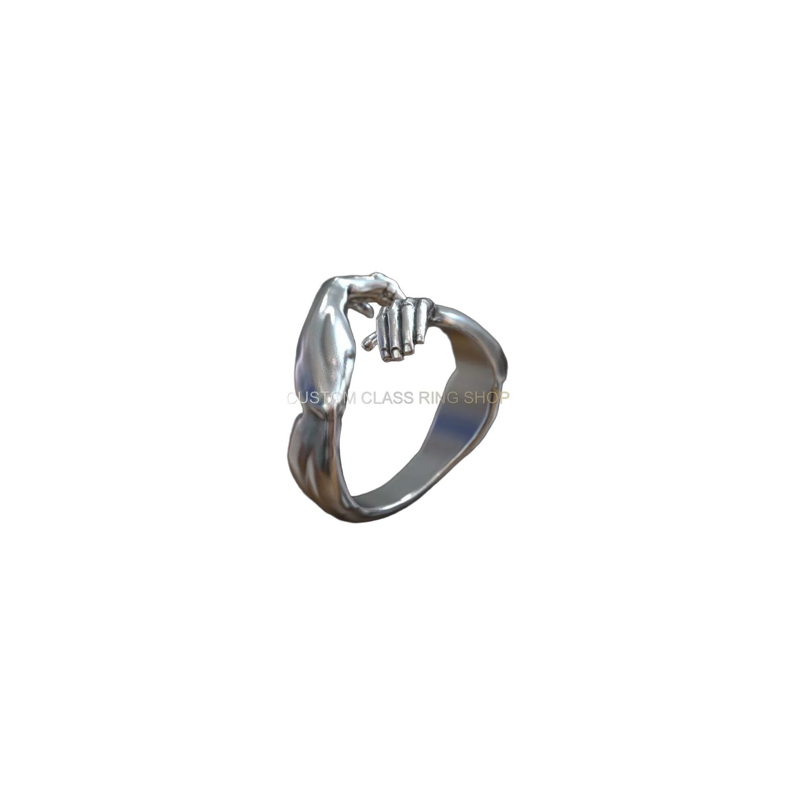 Sterling silver hugging hands ring, bottom underside view