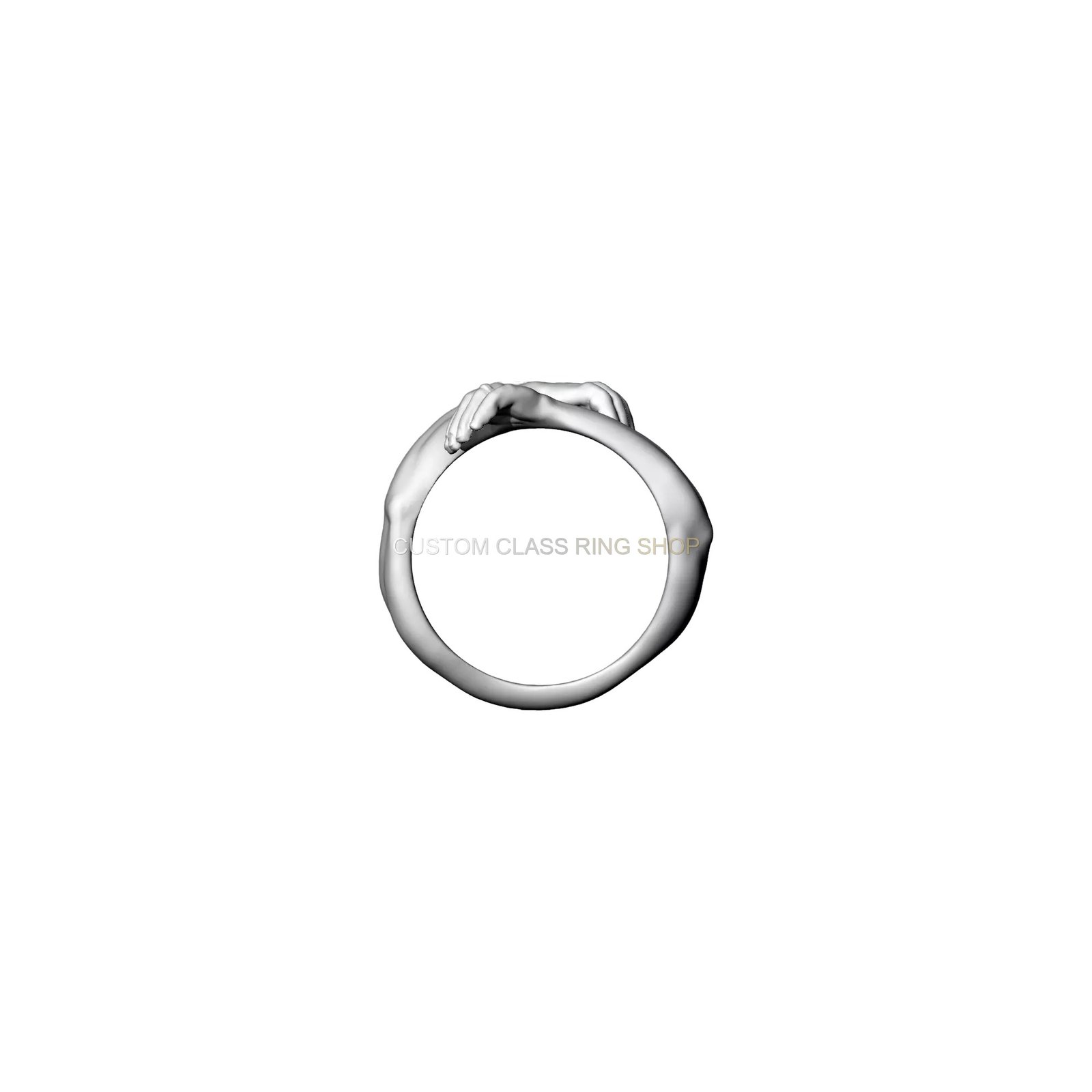 Sterling silver hugging hands ring with polished embrace design