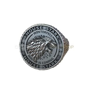 Sterling silver house stark signet ring with direwolf head and beaded border