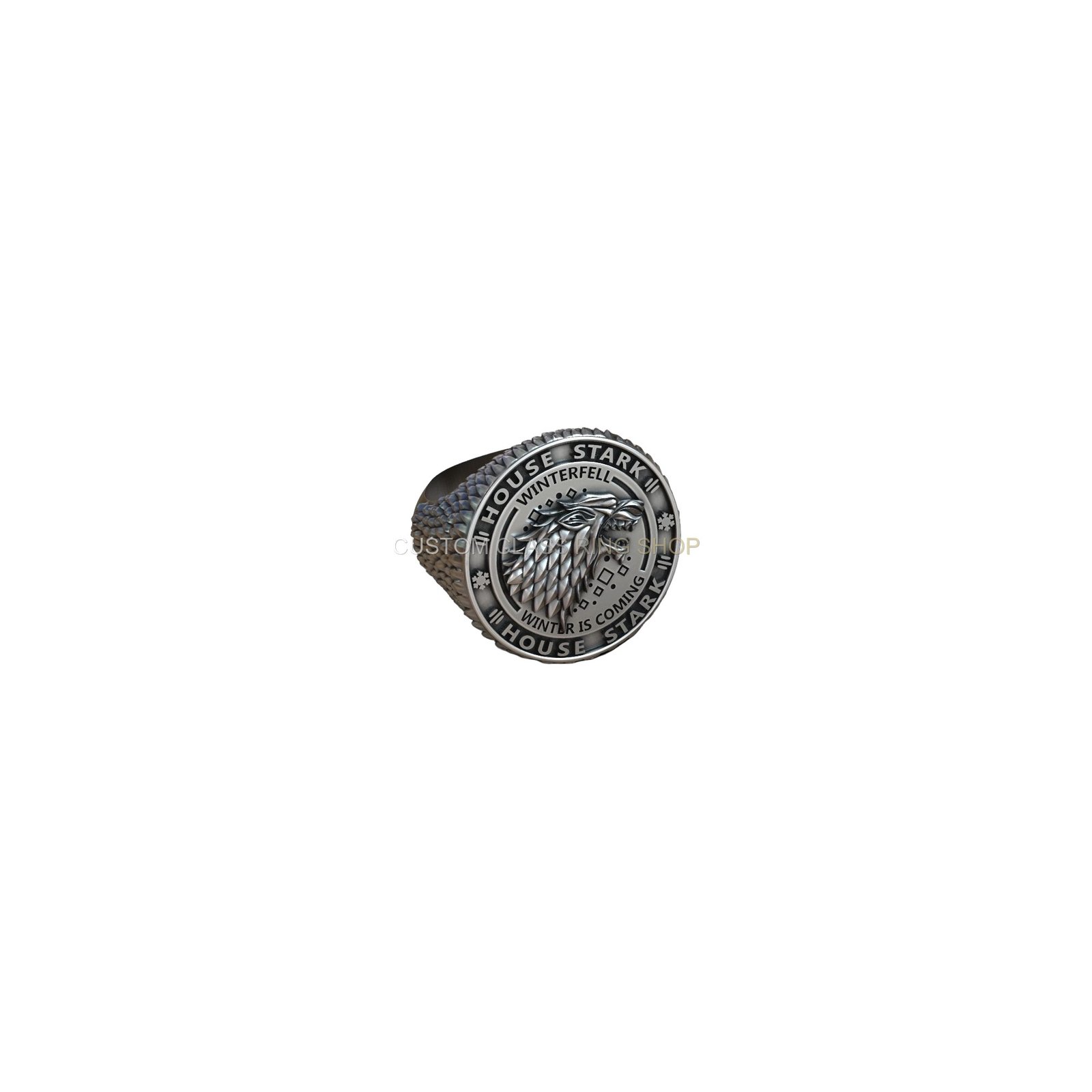 Sterling silver house stark signet ring, left side profile angle