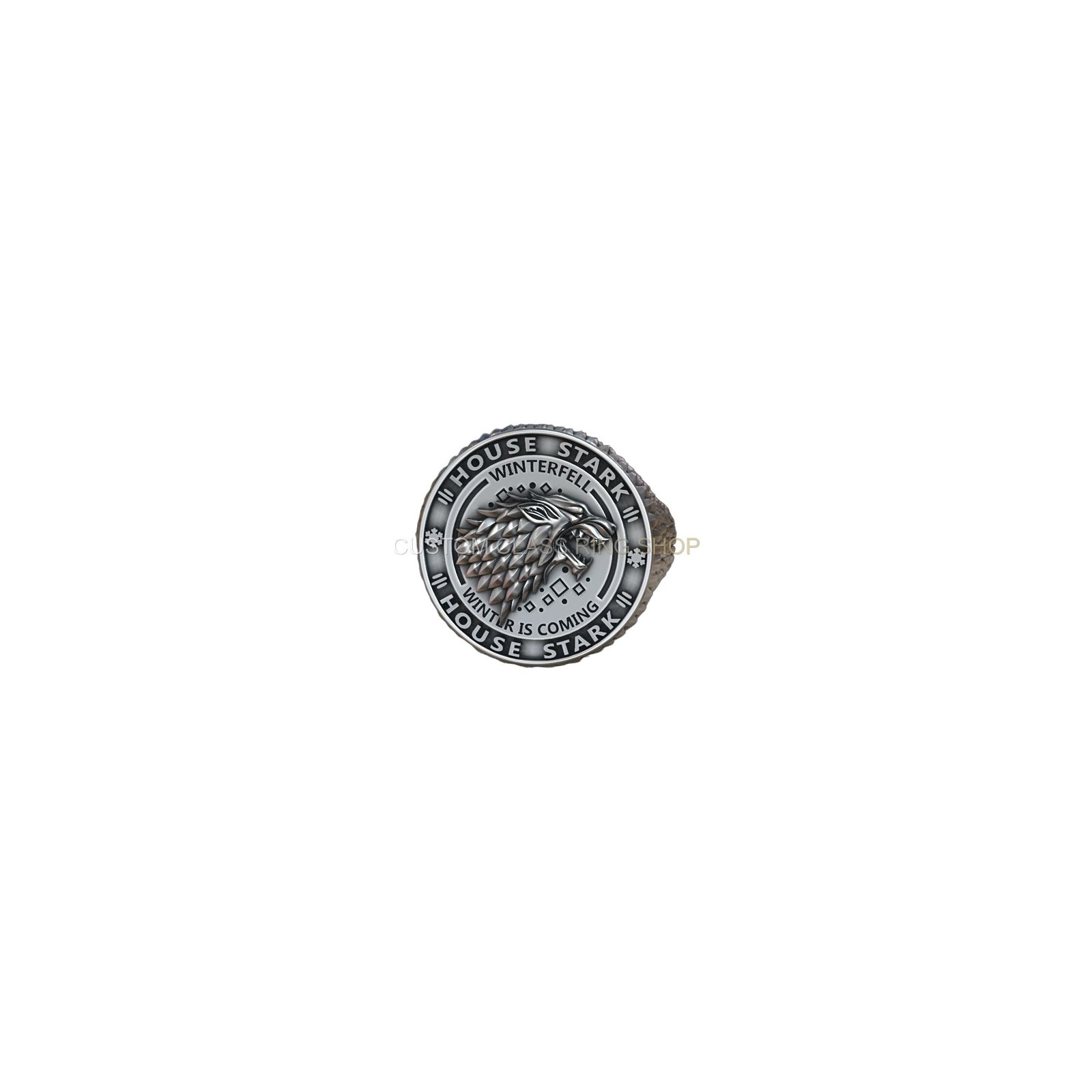Sterling silver house stark signet ring, three-quarter angled perspective