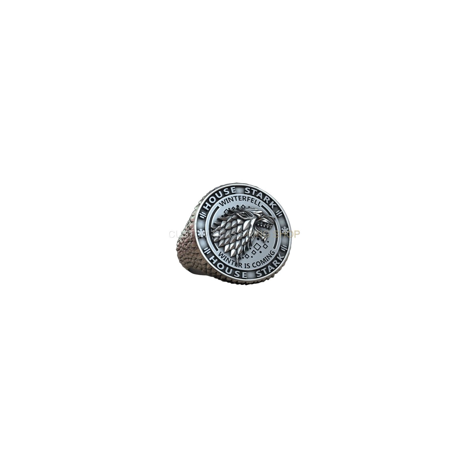 Sterling silver house stark signet ring, front centered signet face