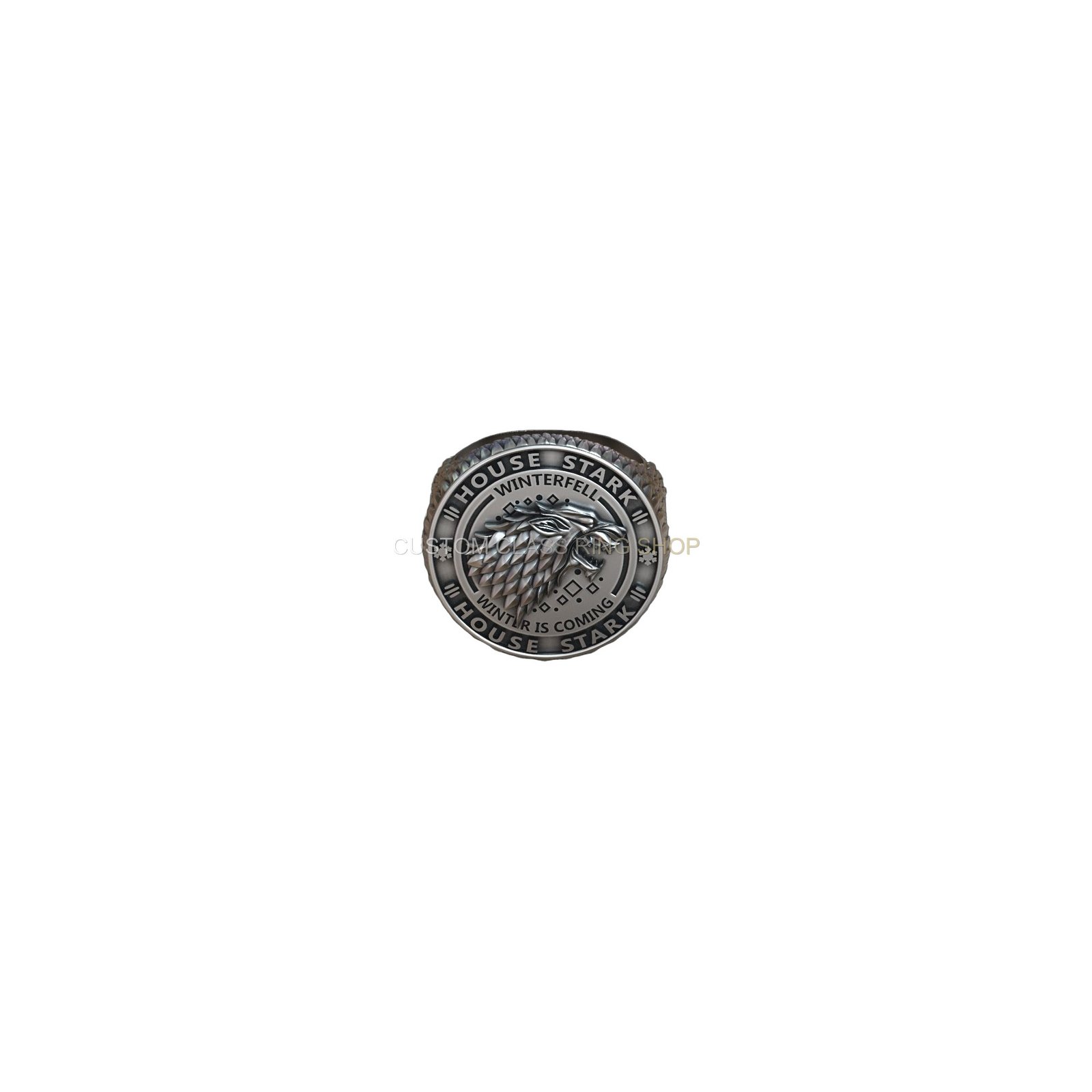 Sterling silver house stark signet ring, left side band detail