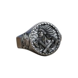 Sterling silver Native American chief ring with sunburst border and tomahawks