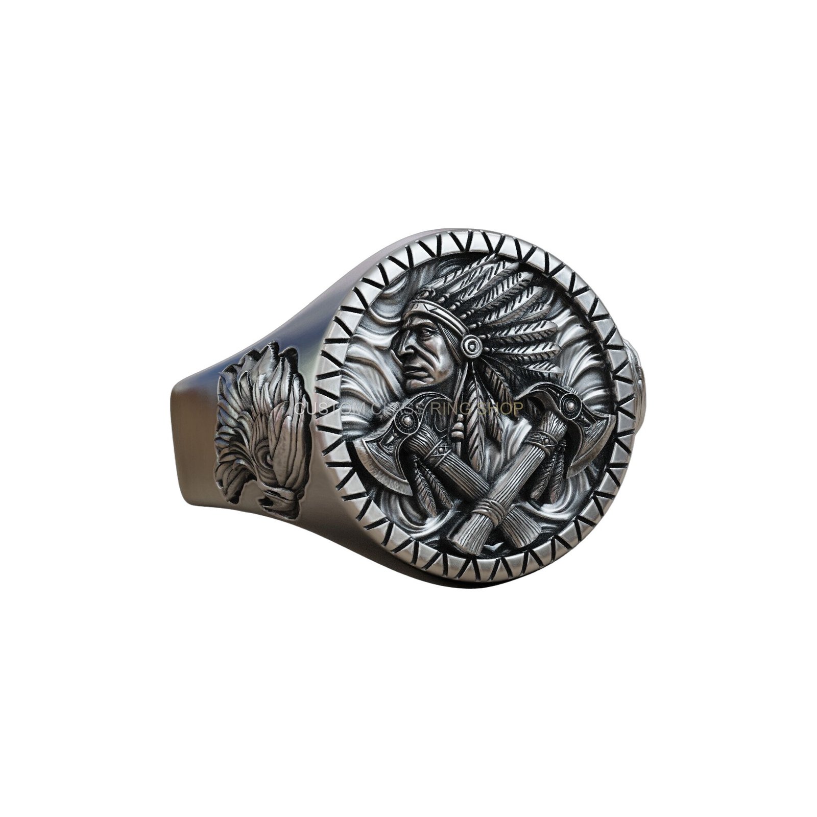 Sterling silver Native American chief ring with sunburst border and tomahawks
