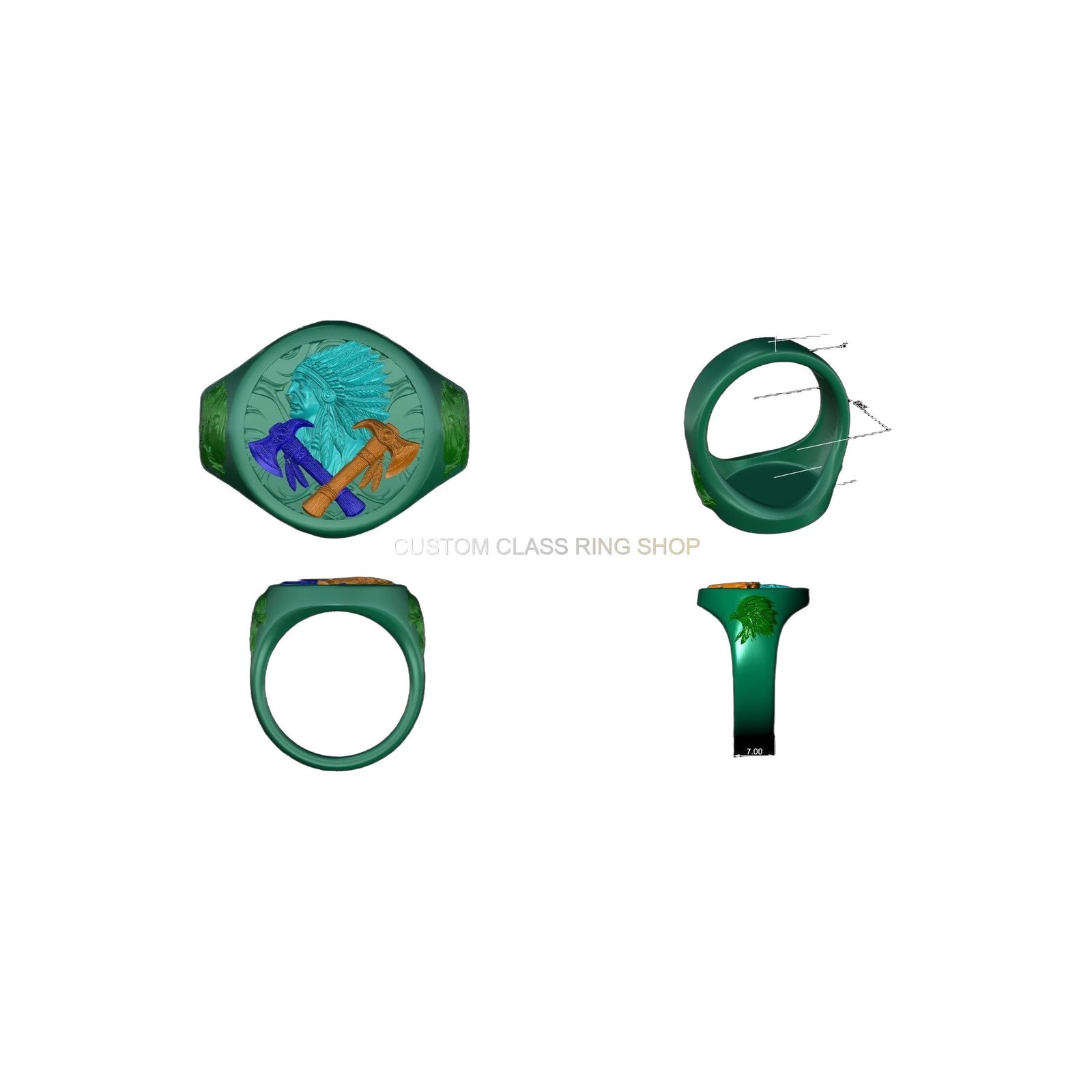 Sterling silver Native American chief ring, multiple angles of design detail