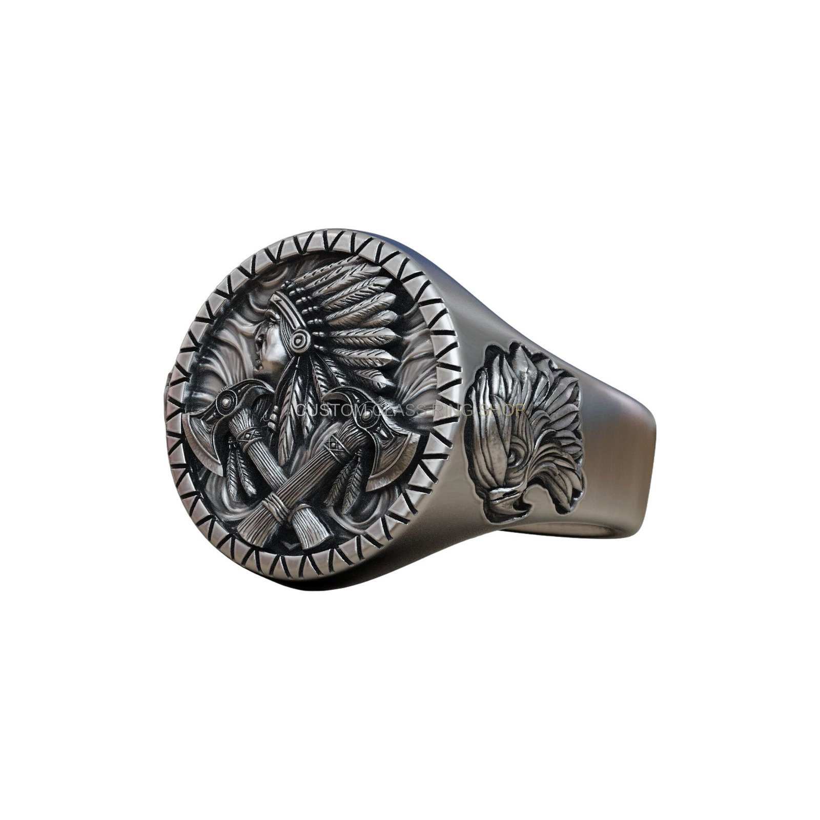 Sterling silver Native American chief ring with sunburst border and tomahawks