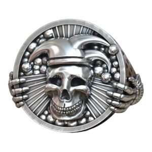 Sterling silver jester joker skull ring with skeletal hands