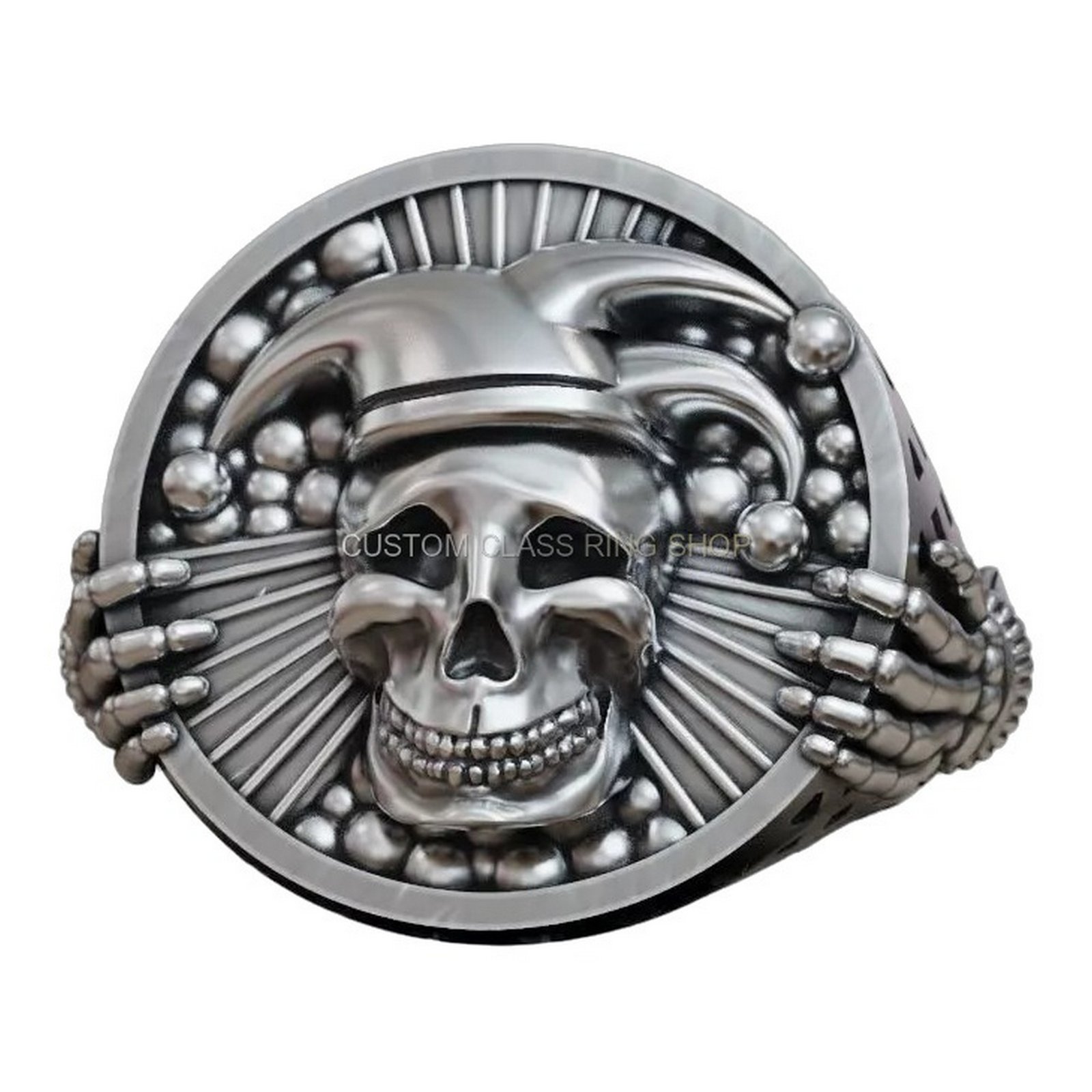 Sterling silver jester joker skull ring, angled three-quarter front view